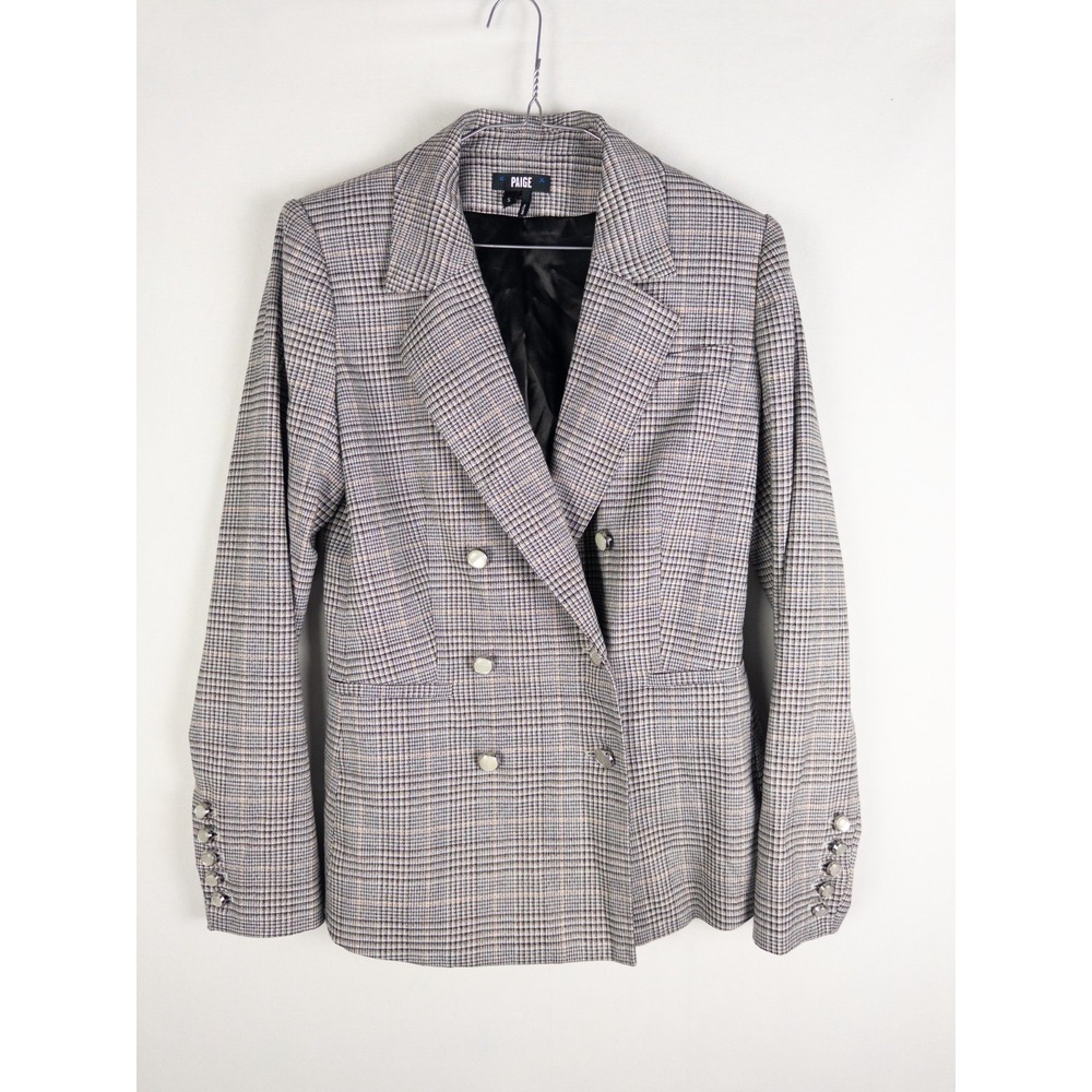 PAIGE Womens S Gray Plaid Double Breasted Houndstooth Blazer Jacket Lined